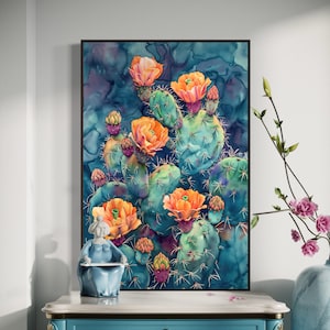 Mexican Prickly Pear Cactus Bloom - Watercolor Succulent Wall Art Print, Desert Cactus Flower Print for Vibrant Home Decor