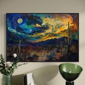 Mystical Arizona Desert Night - Celestial Desert Landscape Art Print, Southwestern Cactus Painting Print for Rustic Home Decore