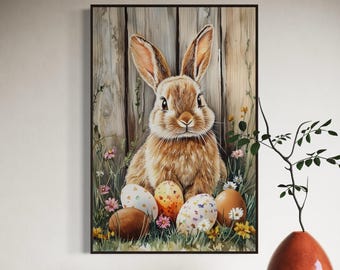 Osterhase Wandkunst - Frühlingskaninchen mit Eiern Druck, rustikale Osterdekoration, Kinderzimmer oder Wohnzimmer Tier Illustration
