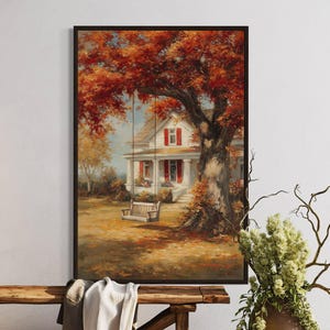 Autumn Farmhouse Wall Art – Fall Landscape Print, Cozy Country Home Decor, Tree Swing Painting Print Framed, Canvas, or Fine Art Paper