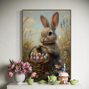 Easter Bunny Wall Art – Cute Rabbit with Egg Basket in Wildflowers, Spring Nursery Print or Framed Canvas, Cottagecore Holiday Decor