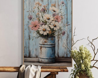 Rustic Wildflower Bouquet Wall Art – Farmhouse Floral Print on Canvas or Poster, Shabby Chic Cottagecore Decor, Framed Option