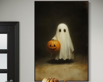 Creepy Ghost Halloween Art Print - Spooky Jack-O-Lantern Poster for Autumnal Home Decor and Halloween Room Decor