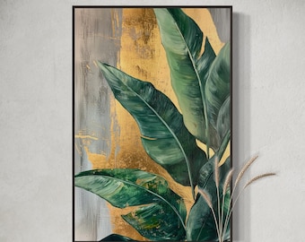 Banana Leaf Art Print – Tropical Botanical Wall Decor, Green Foliage Abstract Painting PRINT, Modern Jungle Plant Artwork