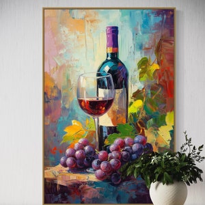 Wine Wall Art - Rustic Wine Bottle Canvas, Vineyard-Inspired Home Decor, Bold Grapes and Wine Print, Perfect for Dining Room or Above Bed