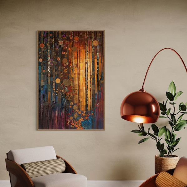 Abstract Forest Canvas, Klimt Inspired, Vibrant Color Decorative Wall Art,  Enchanted Forest Art