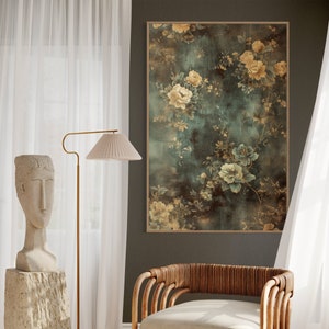Vintage Floral Tapestry Style - Emerald Green Wildflower Painting Canvas Print With Dark Botanical and Floral Still Life For Any Interior