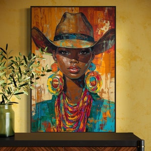 Vibrant Western Woman Wall Art - Abstract Cowboy Hat Canvas, Bold Rustic Chic Decor, Modern Portrait Print for Living Room or Above Bed