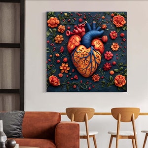 Vibrant Anatomical Heart with Dark Florals - Ready to Hang Canvas Art for Elegant Home Decore, Surreal Botanical Print