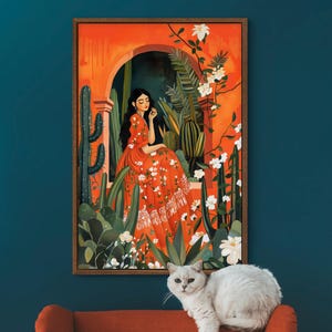 Mexikanische Gartenfrau Art Print - Bunter Kaktus Wanddekor, Lateinisches Kulturerbe, feminine Boho Illustration