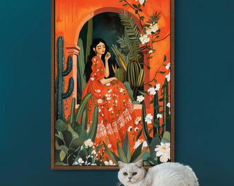 Mexican Garden Woman Art Print – Colorful Cactus Wall Decor, Latin Heritage Artwork, Feminine Boho Illustration