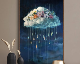 Luxe Rain Cloud Art Print - etherische en mystieke muurdecoratie voor boven het bed, humeurig surrealistisch schilderij met donkere bloemen