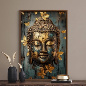 Gold Buddha among Fall Leaves - Buddha Wall Art for Yoga Studio Decor, Meditation Art, Asian Canvas Print for Autumnal Home Decor