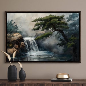 Japanese Garden Waterfall Canvas - Zen Inspired Misty Forest Art Print for Relaxing Above Bed or Couch Decor, Perfect Asian Wall Art