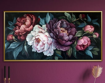 Ethereal Peony Bouquet - Elegant Peonies Print, Botanical Baroque Painting Print for Moody Dark Academia Decor