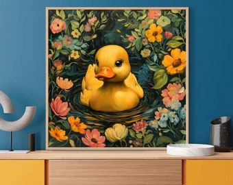 Whimsical Rubber Duck - Bright Nursery Art, Playful Children's Room Decor, Colorful Flower and Duck Wall Art, Whimsical Animal Illustration