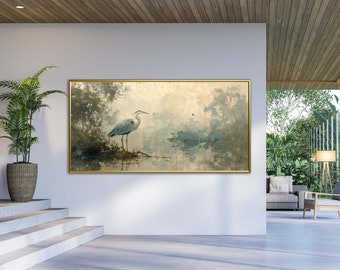 Garça-azul: impressão de arte de parede de garça, arte de parede tranquila em cores suaves, arte de garça-azul, vida no lago, arte de quarto tranquila, impressão de pintura de pântano