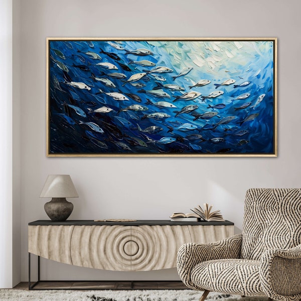 Ocean Harmony: Textured School of Fish Painting Print, Modern Impressionism Luxury Wall Art, Underwater Wall Art for Cottage Decor