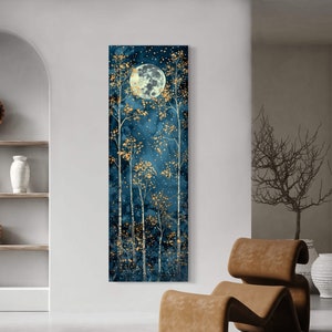 Moody Starry Night Birch Tree Art - Atmospheric Celestial Canvas Print for Autumn Wall Decor, Perfect Long Narrow Wall Art