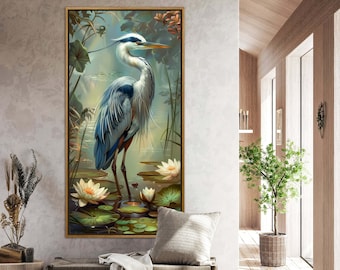Garça-azul e lótus - Arte graciosa de pássaros com tons suaves, impressão de garça-real Lake Life para decoração tranquila de quarto, tela pronta para pendurar
