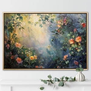 A sun-dappled garden, lush with blooming roses and climbing vines, bathes in the gentle caress of morning light, creating a serene and enchanting scene.
