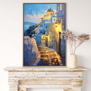 Sunset in Santorini - Textured Style Greek Street Art Print, Mediterranean Art for Beach House Poster and Sea Artwork Decor