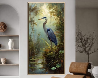 Arte de garça-azul - Arte de pássaros, cores suaves, impressão de pintura de garça-azul, arte de quarto tranquila, impressão de pintura de garça