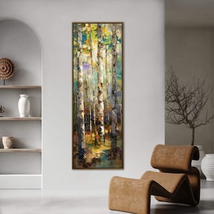 Bosque de abedules iluminado por el sol: impresión vertical relajante de arte mural, impresión de abedul estilo espátula, decoración expresionista alargada y estrecha.