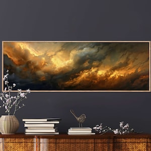 Humeurige stormachtige lucht canvas - atmosferische wolk schilderij print voor decor boven het bed, lange smalle muurkunst print voor thuisdecor