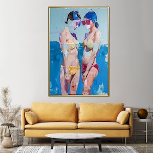 Lesbian Romance - Sensual Wall Art, Feminism and Lesbian Wall Art, Abstract Female Palette Knife Art, Aesthetic Vibrant Color Painting