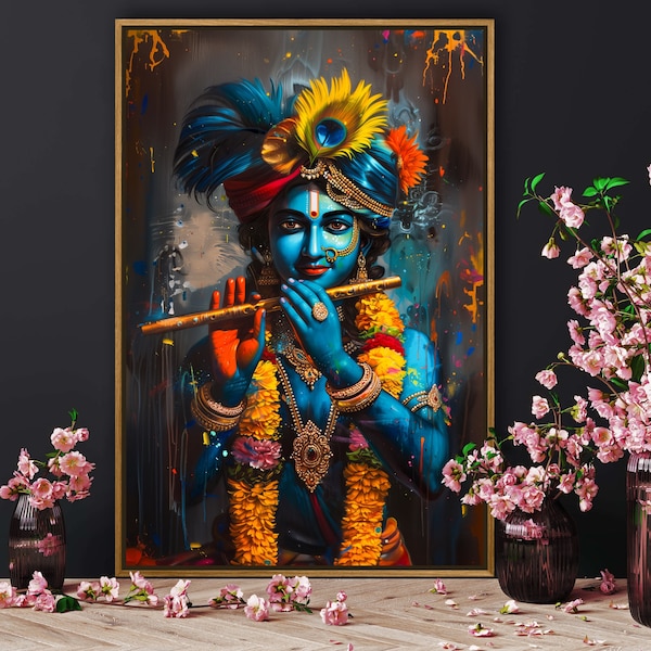 Serene Krishna: Spiritual Yoga Artwork, Meditative Hindu God Canvas Print, Zen Wall Art Decor for Yoga Studios and Sacred Spaces