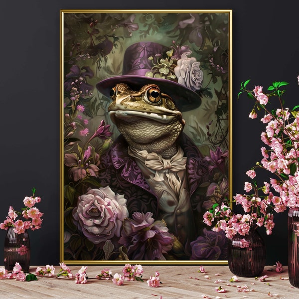 Regal Victorian Frog: Whimsical Animal Art with Dark Academia Flair - Royal Portrait Nature Oil Painting Print on Floral Still Life