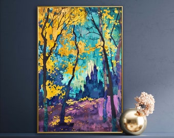 Autumn Forest: Vibrant Color Fantasy Castle with Medieval Castle Silhouette - Mystical Art Print for Gothic Home Decore