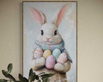 Fantazyjny wielkanocny zajączek na płótnie – wiosenna sztuka z zajączkiem, pastelowa dekoracja ścienna na święta, prezent wielkanocny
