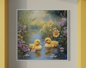 Whimsical Duckling Art Print - Spring Cottagecore Wall Decor, Nature-Inspired Nursery Artwork, Country Farmhouse Animal Painting Print