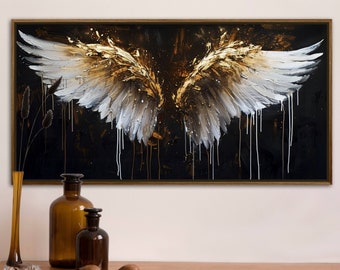 Divine Elegance: Golden Angel Wings Painting Print, Spiritual Artwork for Coquette Room Decor, Luxury Above Bed Decor