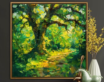 Old Oak Tree: Impasto Painting Print Of Oak Tree Art, Woodland Canvas Vibrant Artwork for Modern Impressionist Home Decore