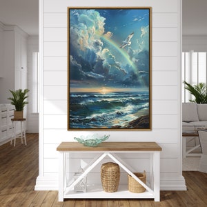 Calming Seagull and Rainbow Seascape - Modern Coastal Art, Ocean Waves Painting Print, Nautical Poster for Beach House Decor