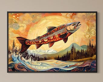 Lámina decorativa de salmón saltando: arte mural de peces coloridos para cabañas, casas de lago, refugios de pesca y decoración rústica del hogar.