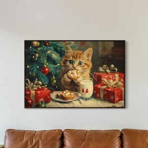 May include: A living room with a brown leather sofa, green armrests, and a yellow coffee table. A framed painting of a cat with treats near a Christmas tree is on the wall. A marble-topped side table is also present.