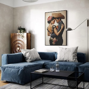 Romantic artwork of a Mexican couple in traditional attire, adorned with vibrant floral embroidery. Their intimate pose and exquisite details evoke passion and cultural elegance, perfect for adding warmth and charm to your home.