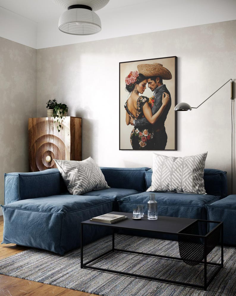 Romantic artwork of a Mexican couple in traditional attire, adorned with vibrant floral embroidery. Their intimate pose and exquisite details evoke passion and cultural elegance, perfect for adding warmth and charm to your home.