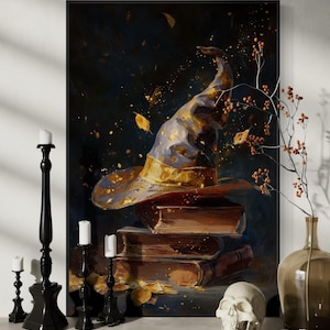 Lámina artística de sombrero de mago encantado: arte mural de fantasía mágica, decoración de brujas, ilustración de libros de hechizos místicos, lámina de biblioteca para el hogar sobre brujería