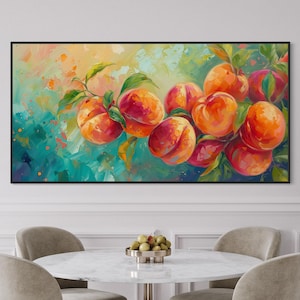 Vibrant impasto painting of succulent peaches on a branch, with vivid hues and textured strokes creating a lively, fresh look. Perfect as a statement piece