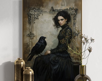 Victorian Gothic Lady with Raven - Dark Academia Decor, Mystical Canvas Art, Weird Home Decor, Moody Wall Art, Print for Goth Room Decor