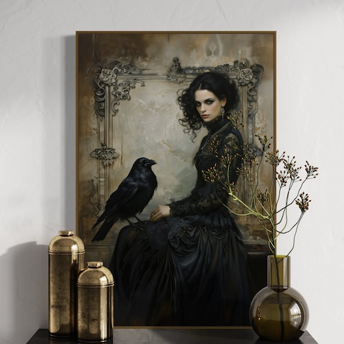 Victorian Gothic Lady With Raven - Dark Academia Decor, Mystical