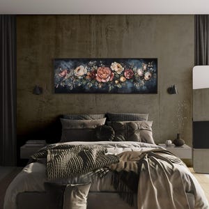 This Victorian-inspired floral canvas art showcases a stunning arrangement of roses in soft pink, cream, and deep red hues. Set against a moody dark blue background, it exudes timeless elegance and romantic charm.