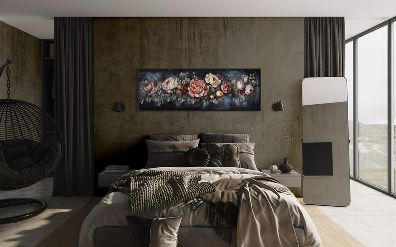 This Victorian-inspired floral canvas art showcases a stunning arrangement of roses in soft pink, cream, and deep red hues. Set against a moody dark blue background, it exudes timeless elegance and romantic charm.