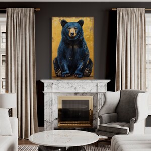 Realistic painting of a blue-black bear with golden accents. The bear sits against a textured golden background, combining natural beauty with artistic flair. Perfect for adding a unique touch of wilderness charm to any space.