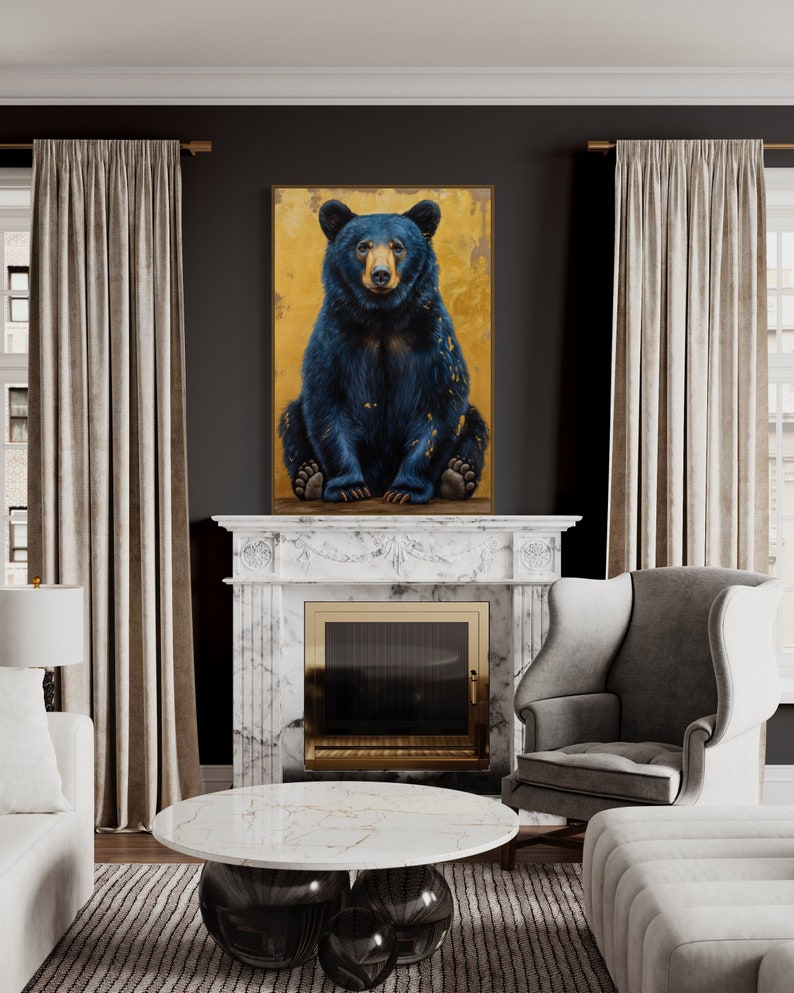 Realistic painting of a blue-black bear with golden accents. The bear sits against a textured golden background, combining natural beauty with artistic flair. Perfect for adding a unique touch of wilderness charm to any space.